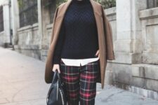 a white shirt, a black sweater, black and red plaid pants, burgundy shoes, a camel coat and a black bag for Christmas