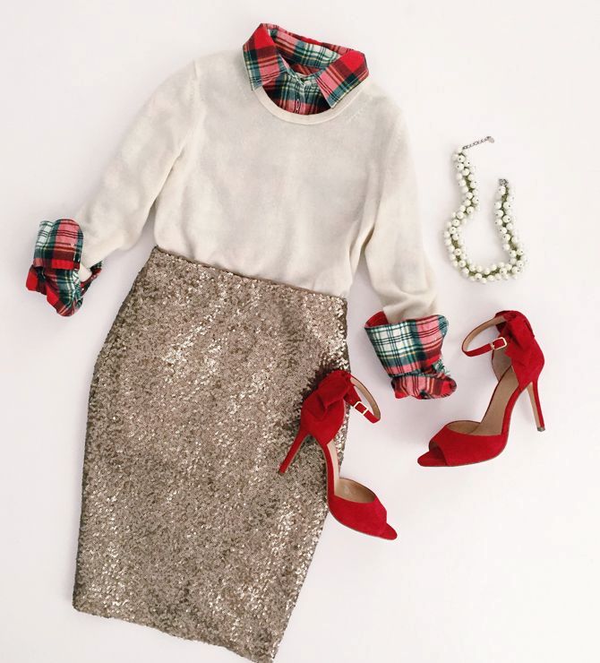 a cool Christmas outfit with a white jumper, a red and green plaid shirt, a gold sequin pencil skirt, red shoes and a necklace