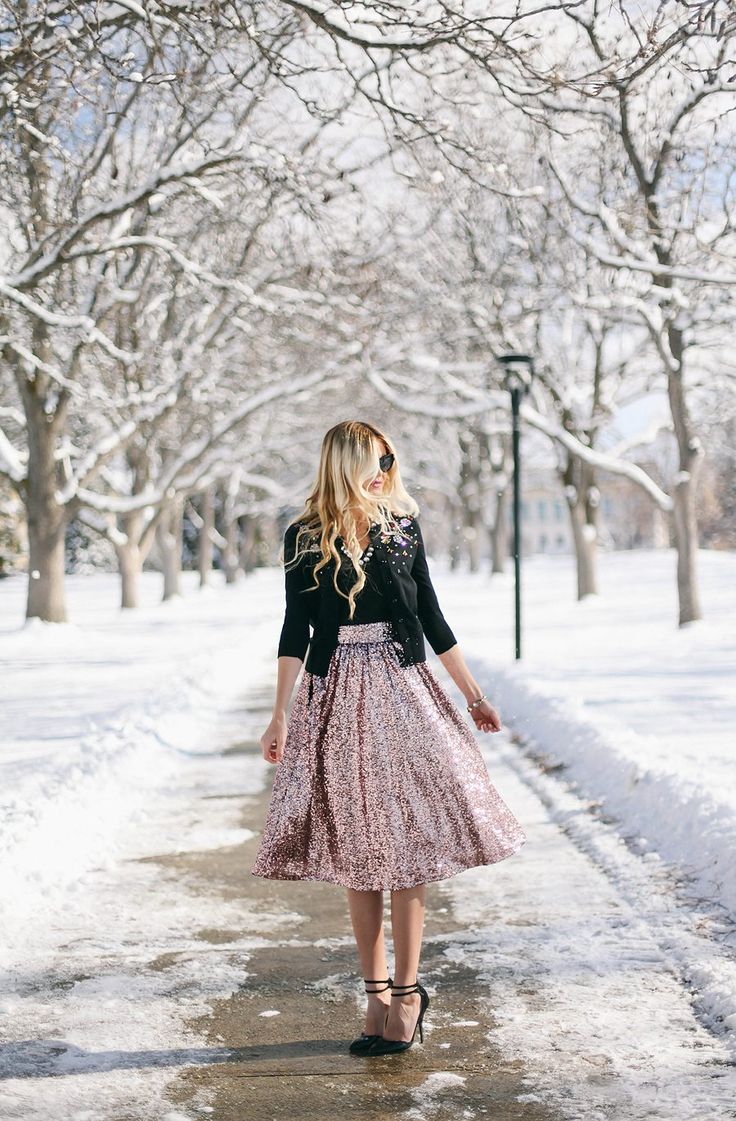 a dreamy holiday look with a black jumper, a black cropped embellished blazer with short sleeves, a pink sequin midi skirt, black shoes