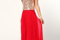 a rose gold sequin short sleeve top and a red pleated maxi skirt will be a great idea for a Christmas party