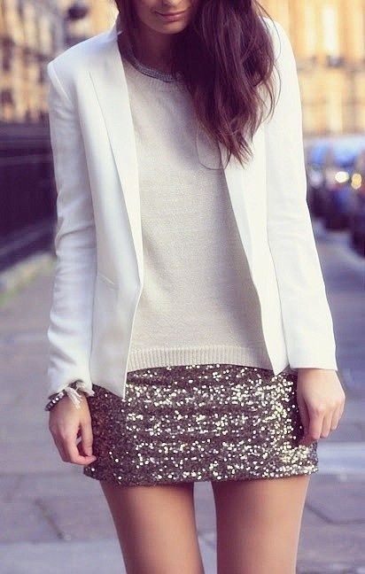 a classy and simple Christmassy look with a white jumper, a white blazer and a gold sequin mini will be always actual