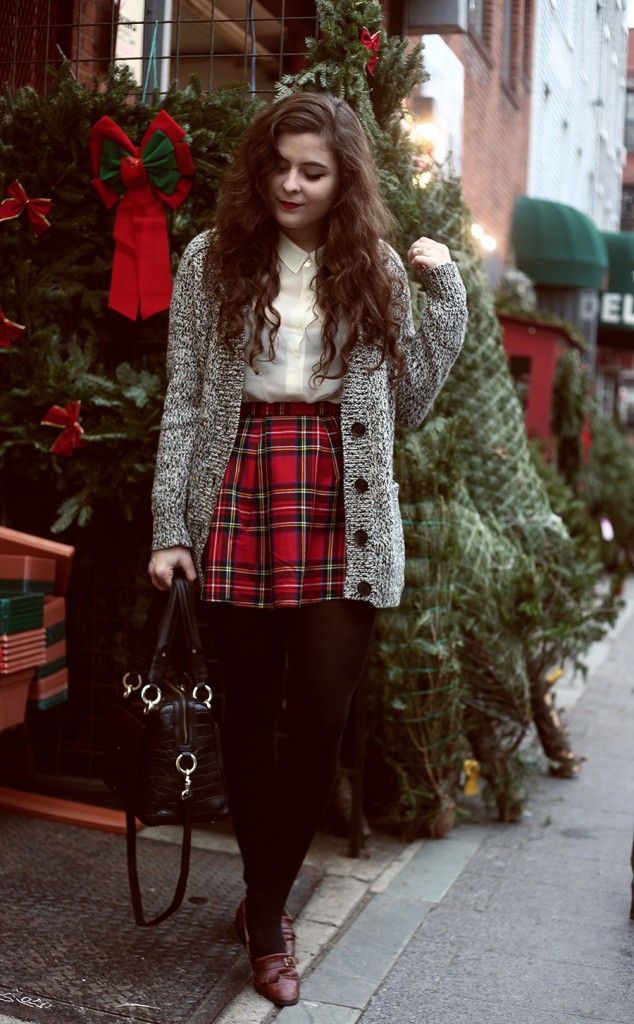 a college girl look with a white shirt, a red plaid mini, black tights and burgundy shoes, a grey cardigan and a burgundy bag