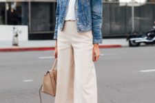 a white top, neutral culottes, peachy shoes, a neutral bag and a blue denim jacket for a casual work look