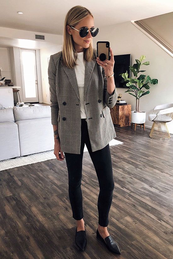an oversized printed blazer, a white top, black skinnies and black moccasins