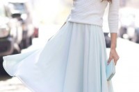 a textural white top, a light blue midi skirt, a light blue clutch and grey ankle strap shoes