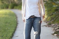 a casual look with ripped bofriends, a white top, a neutral cardigan and laser cat flats