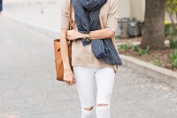 a casual spring outfit with white skinnies, a tan top, a polka dot scard, brown peep toe booties and a brown bag