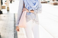 a fresh spring outfit with a grey oversized top, white skinnies, navy slipons, a blush tote