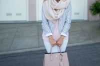 a pastel look with white skinnies, a pink top, a striped blazer, a scarf and nude heels