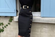 a black look with a turtleneck top, a pencil knee skirt with buttons and emerald shoes