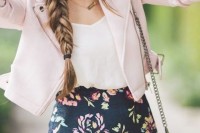 a romantic spring look with a white top, a dark floral skirt, a pink leather jacket, a neutral bag