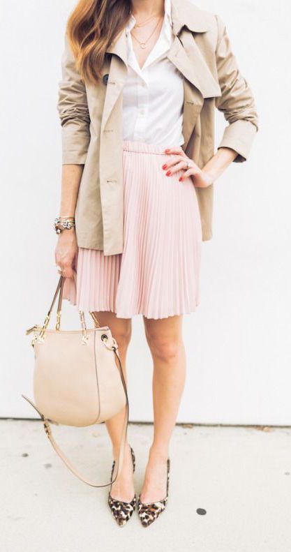 a spring work outfit with a white shirt, a blush pleated knee skirt, a nude bag, a neutral short trench and leopard print shoes