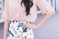 a blush shirt and a floral pencil skirt is a stylish combo for a spring work look and it never goes out of style
