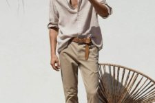 a linen shirt, tan pants, slippers for a relaxed look on a hot summer day