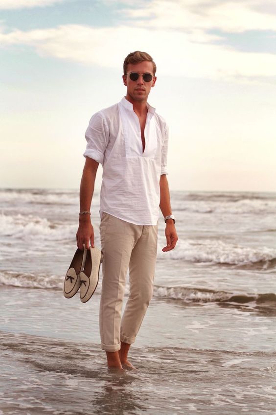 a white shirt, tan pants, neutral moccasins for a vacation or coastal look