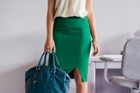 a bold look with a neutral top, an emerald green pencil skirt, tan shoes and a teal bag for summer