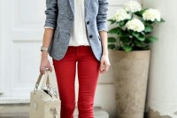 a stylish look with red skinny pants, a white tee, a grey blazer, tan shoes and a white bag for spring and summer