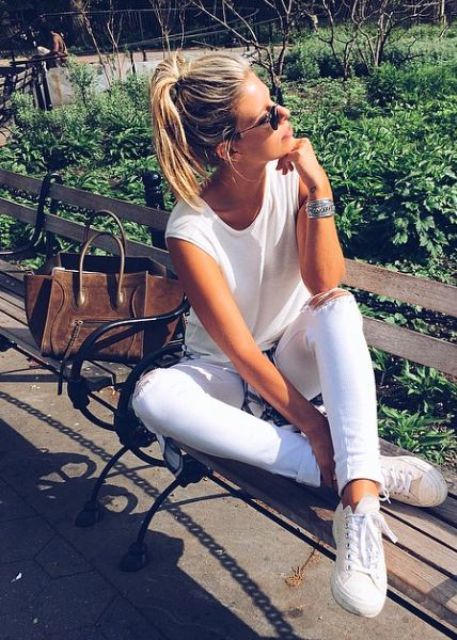 white jeans and a white top