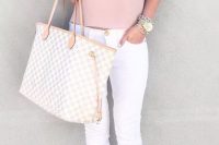 10 white jeans, a rose quartz top and white flats