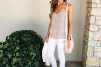 11 white jeans, a tank top and scrappy sandals