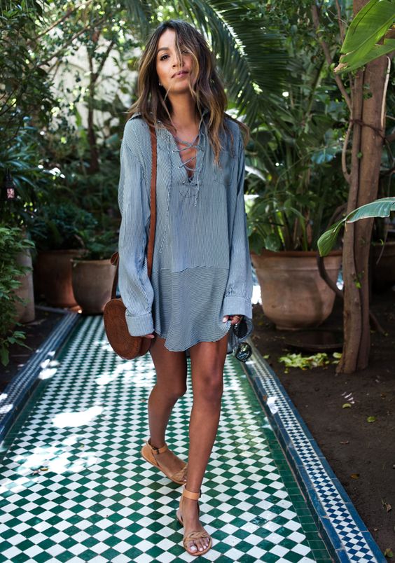 loose shirt dress and sandals