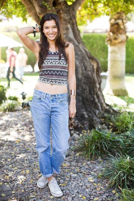 Boho chic top with low slung jeans