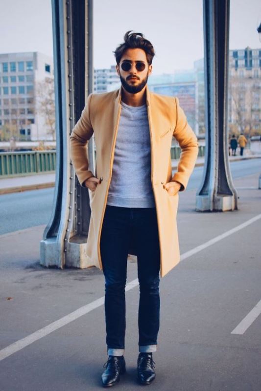 Camel Overcoat With Navy Skinny Jeans And Black Leather Derby Shoes