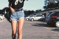High Waisted Frayed Denim Shorts With A Black Printed Tee