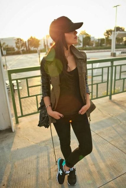 Look with green army jacket and baseball cap