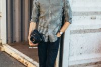 Men’s Black and White Gingham Long Sleeve Shirt And Navy Skinny Jeans