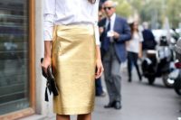 Metallic Pencil Skirt With A Classic Button-Down