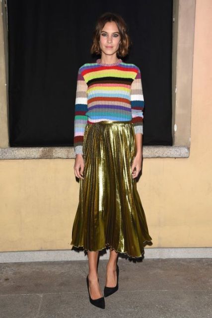 Metallic skirt with colorful striped sweater look