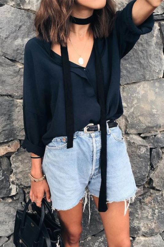Old Fashioned Raw Hem Denim Shorts With A Black Blouse And Skinny Scarf