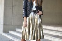 Outfit with midi metallic skirt, black heels and leather jacket