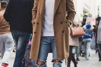 Ripped Skinny Denim With A Brown Overcoat