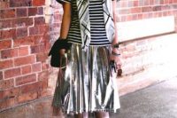 Striped shirt and midi silver skirt look