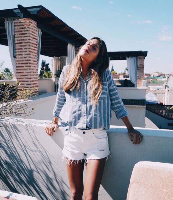 White Frayed Denim Shorts With Striped Button-Down Shirt
