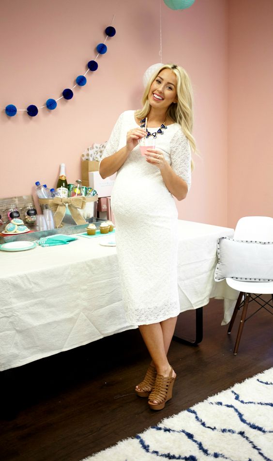 all-white lace maternity dress for a baby shower