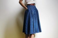 03 button down denim skirt with a neutral top and wedges
