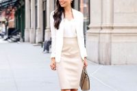 04 blush skirt, a white top and jacket and nude heels