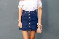 04 button down denim skirt with an off the shoulders top