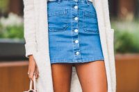 05 denim front button skirt with a white top and cardigan