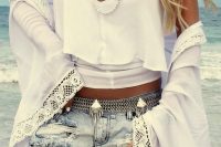 09 white crop top, a white lace pashmina and denim shorts