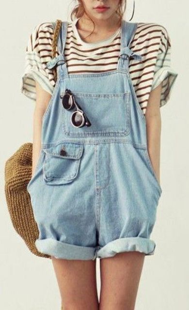 a denim dungaree and a striped tee
