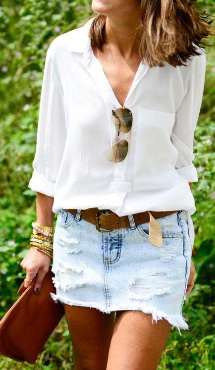 distressed bleached denim skirt with a white shirt