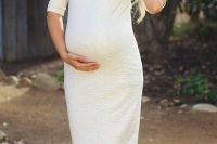 13 white shimmer fitted maternity dress for a baby shower