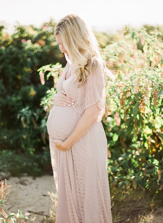 maxi blush dress for a baby shower look