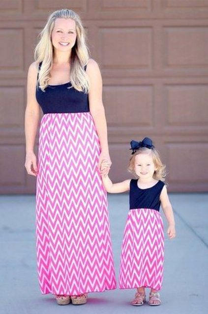 pink and white chevron skirts and navy tops
