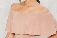 23 rose quartz off the shoulder top and white jeans
