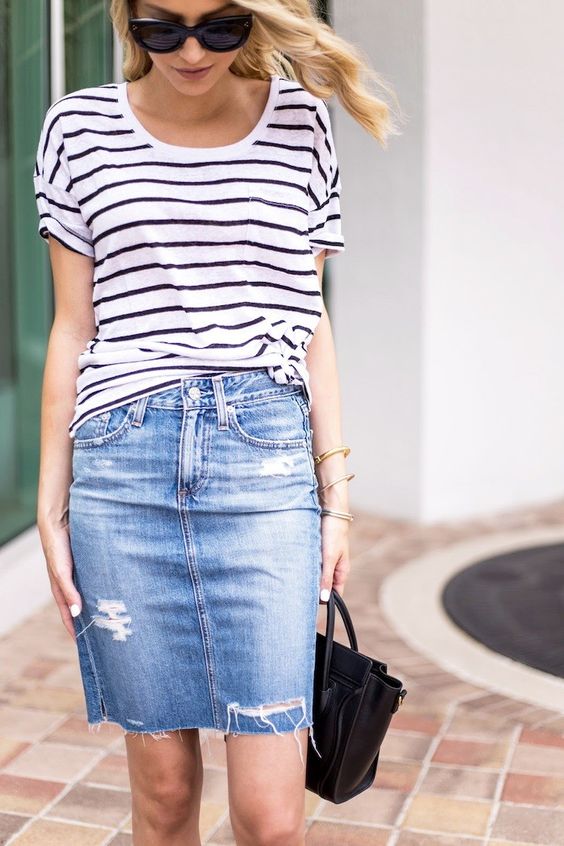 denim over the knee skirt and a striped top